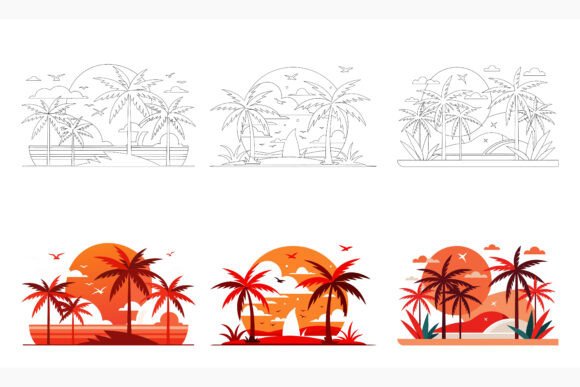 Sunset Beach Scene: A Versatile AI EPS Illustration Collection for Creative Projects